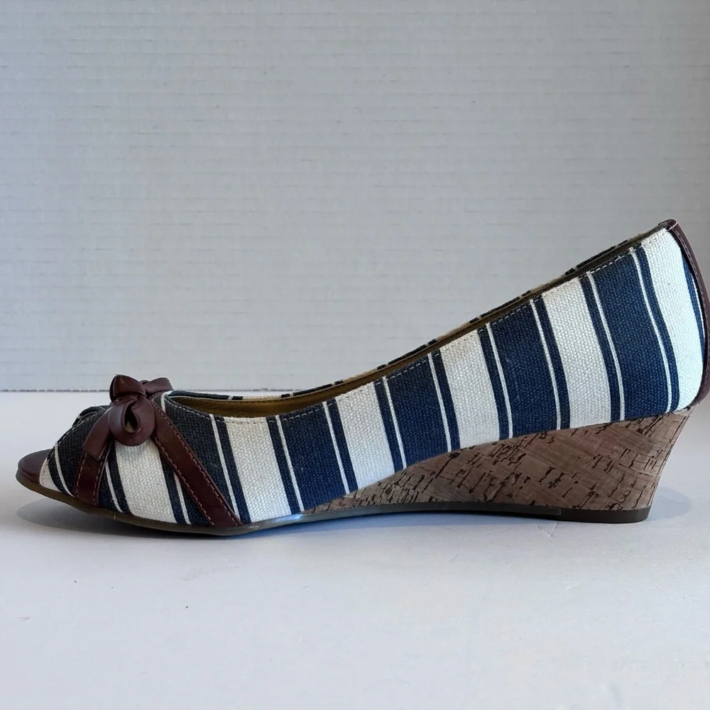 Kelly & Katie Women's Open Toe Low Wedge Cork Heel Blue White Stripe Fabric Shoe